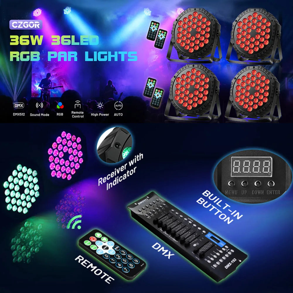 4er-Set 36-LED RGB 3-in-1 DMX512 Stage Par Lights