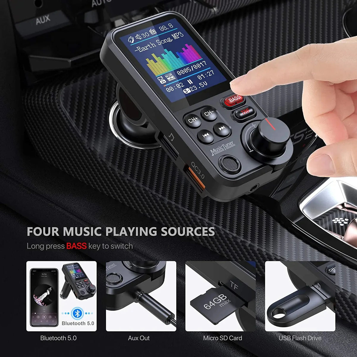 Bluetooth-yhteensopiva Auto langaton FM-lähetin radio-sovitin Nopea lataus Oikosekkaus Äänenlaatu Musiikki Auto MP3-soitin Aux QC3.0