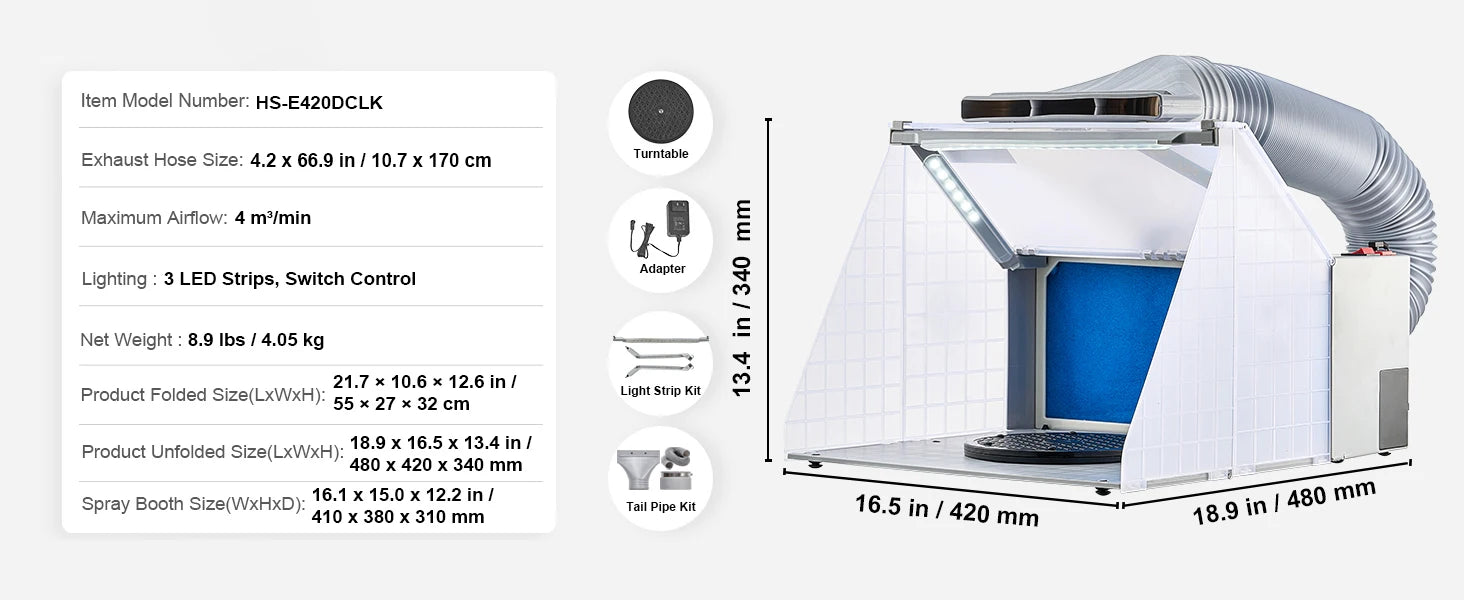 Draagbare Airbrush Spuitcabine met Dubbele Ventilatoren, LED-verlichting en Slang