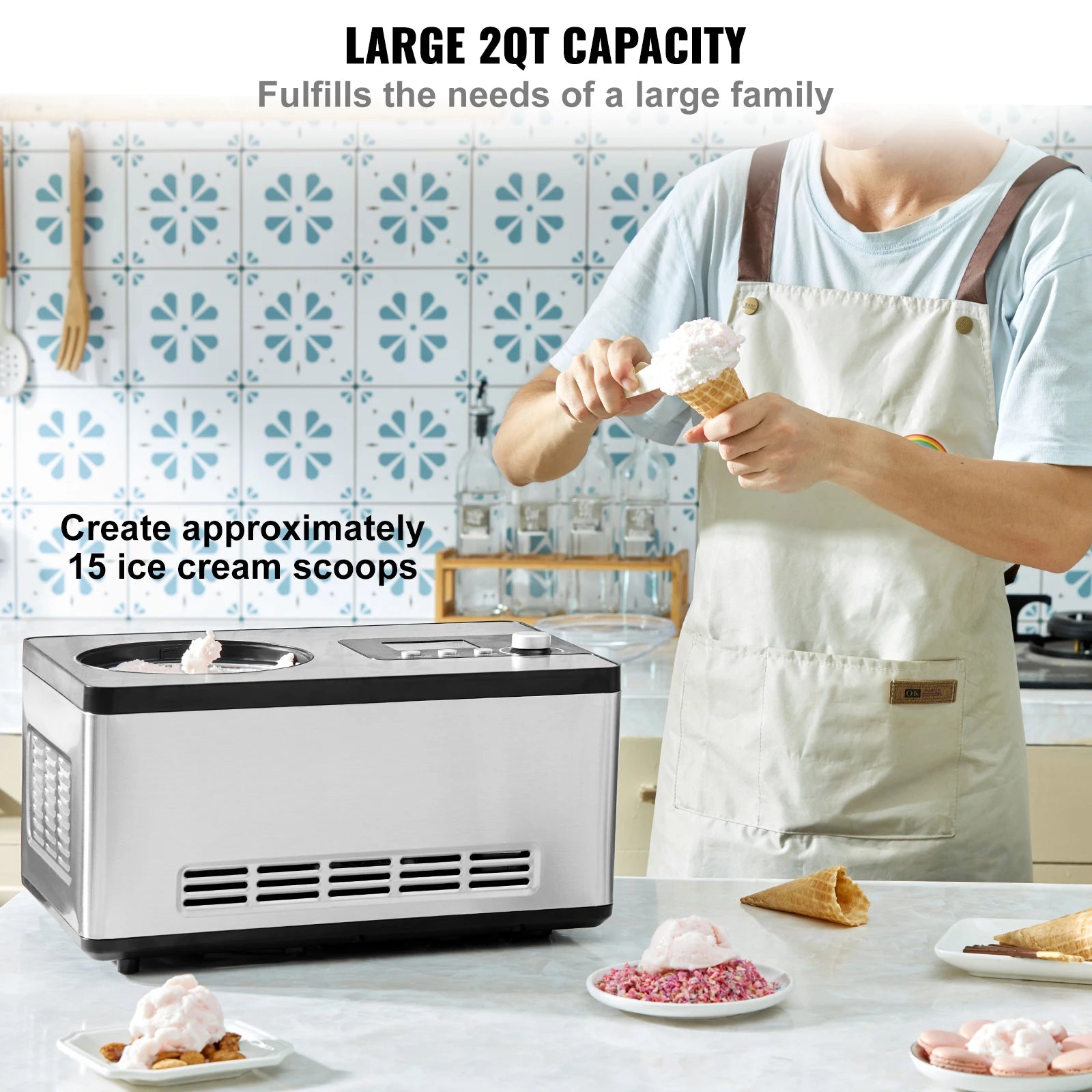 2QT Automatic Ice Cream Maker with Compressor, No Pre-Freezing