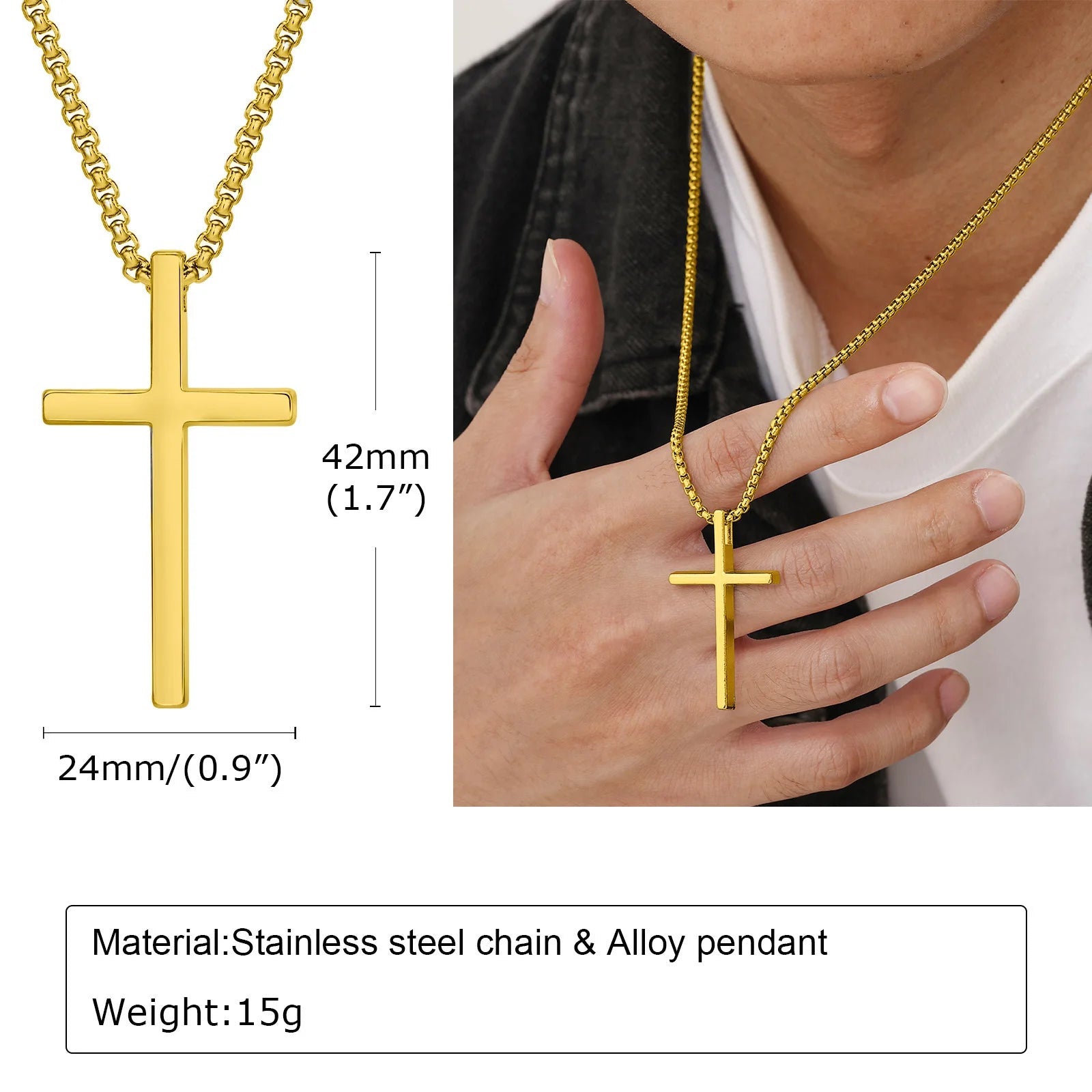 Vnox Cross Necklace for Men Women, Silver Color Plain Cross Pendant Collar with Stainless Steel Box Chain 