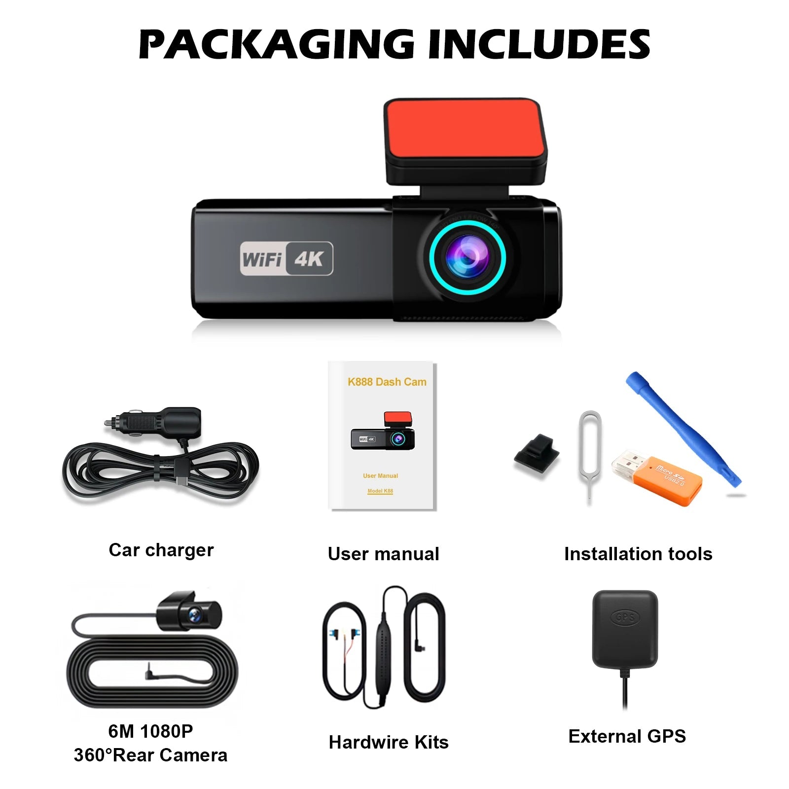 Aprilboy 4K WIFI Dash Cam 2160P Car DVR Support front & rear lens Auto Car Camera with Night Vision G-Sensor 24H Parking Monitor 