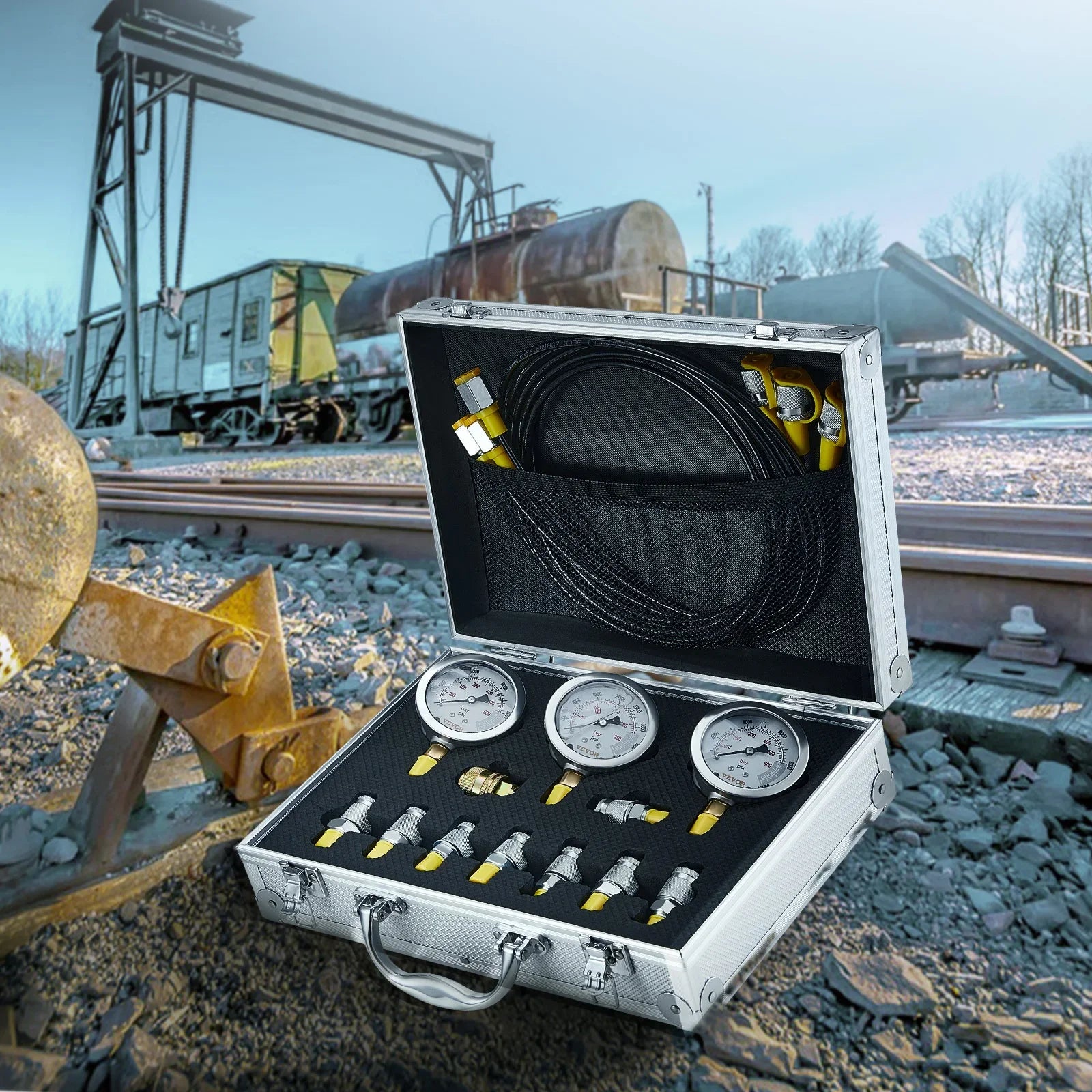 Sada pro testování hydraulického tlaku s 5 manometry a kompletní sadou adaptérů
