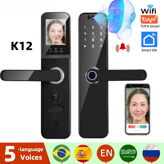 K12 Tuya WiFi Camera Electronic Lock 3D Face Recognition Fingerprint Smart Door Lock With Screen Rechargeable Battery Spy-shop.com