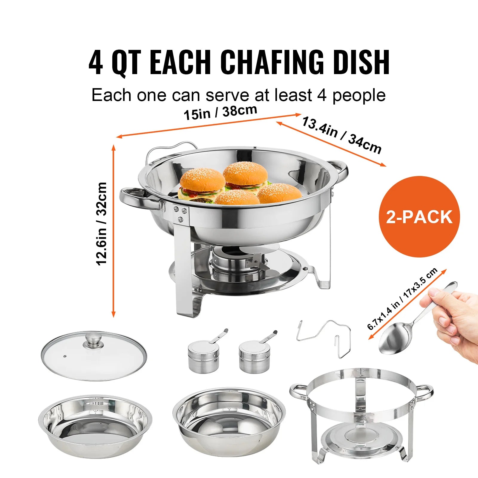 4 Qt Round Chafing Dish Buffet Set with Glass Lid (2 Pack)