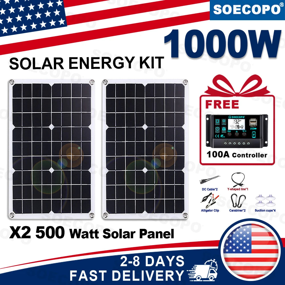 (U.S Stock ) SOECOPO 1000W Portable Solar Panel Kit 2*500W Photovoltaic Panels for Camping Free 100A Controller USB Home Balcony