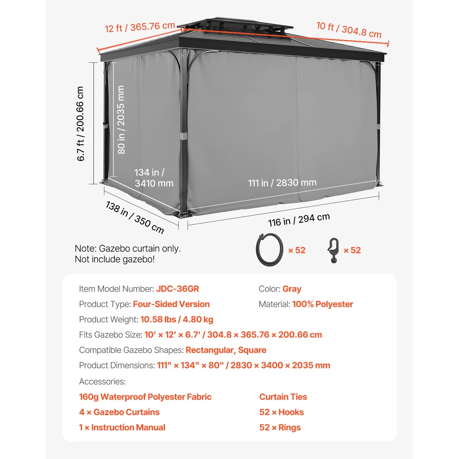 SucceBuy Gazebo Gardiner 4-panel sidevæg gazebo privatlivsgardiner med lynlåse universel solskærm gardiner erstatning til terrasse