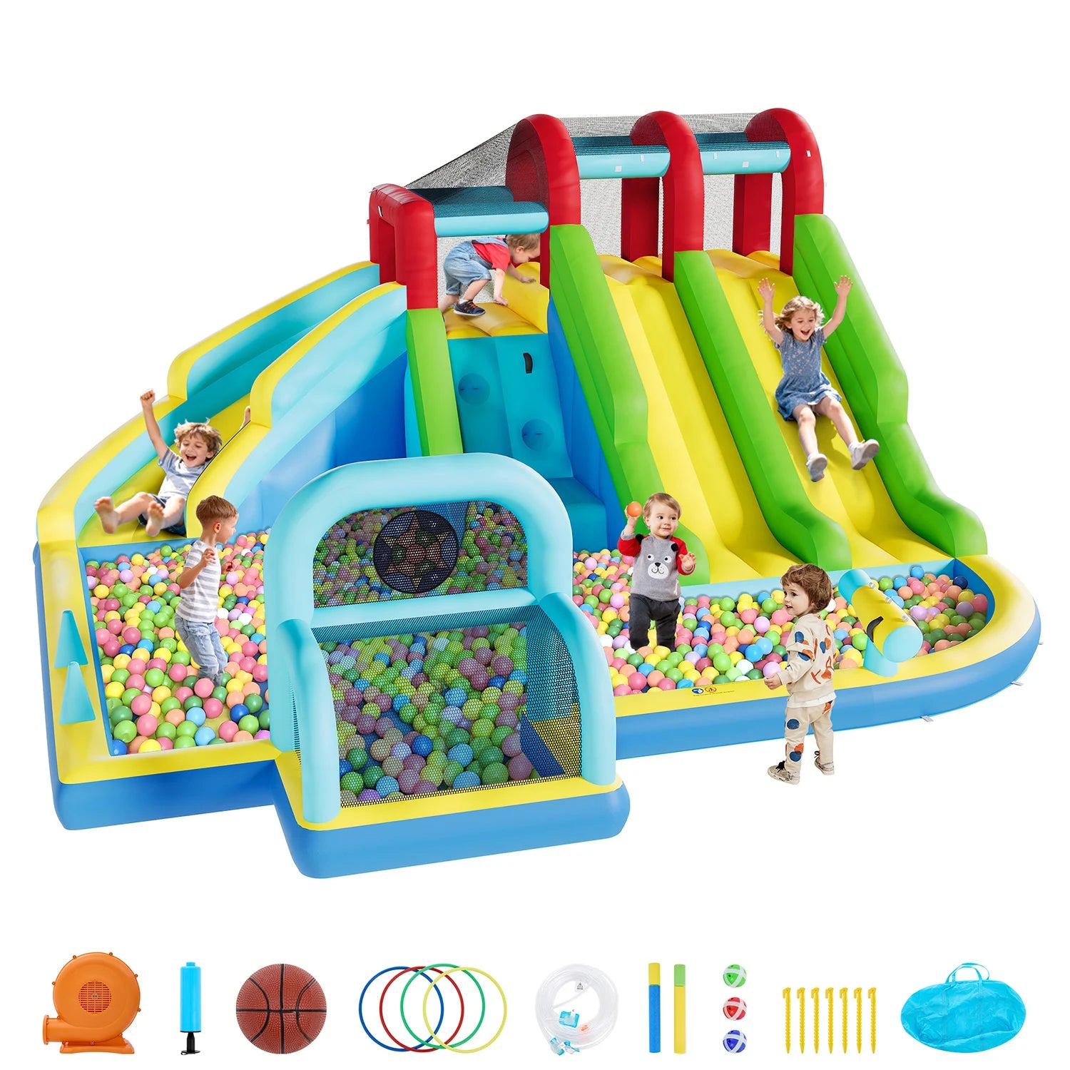 Castello Gonfiabile con 3 Scivoli e Piscina Splash per Bambini