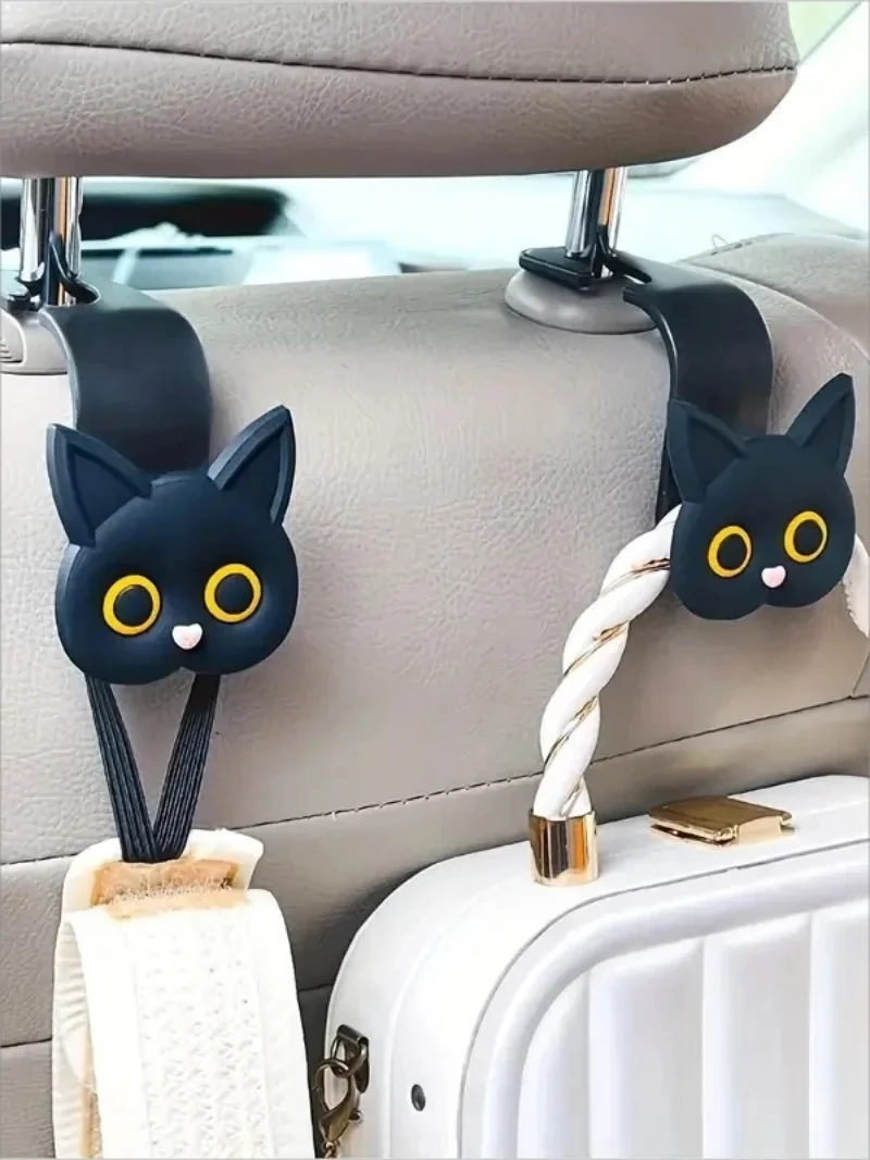 2pcs Adorable 3D Cartoon Cat Car Seat Headrest Hooks - Universal Vehicle Storage Organizer for Handbags, Purses, Coats - Cute Ca 