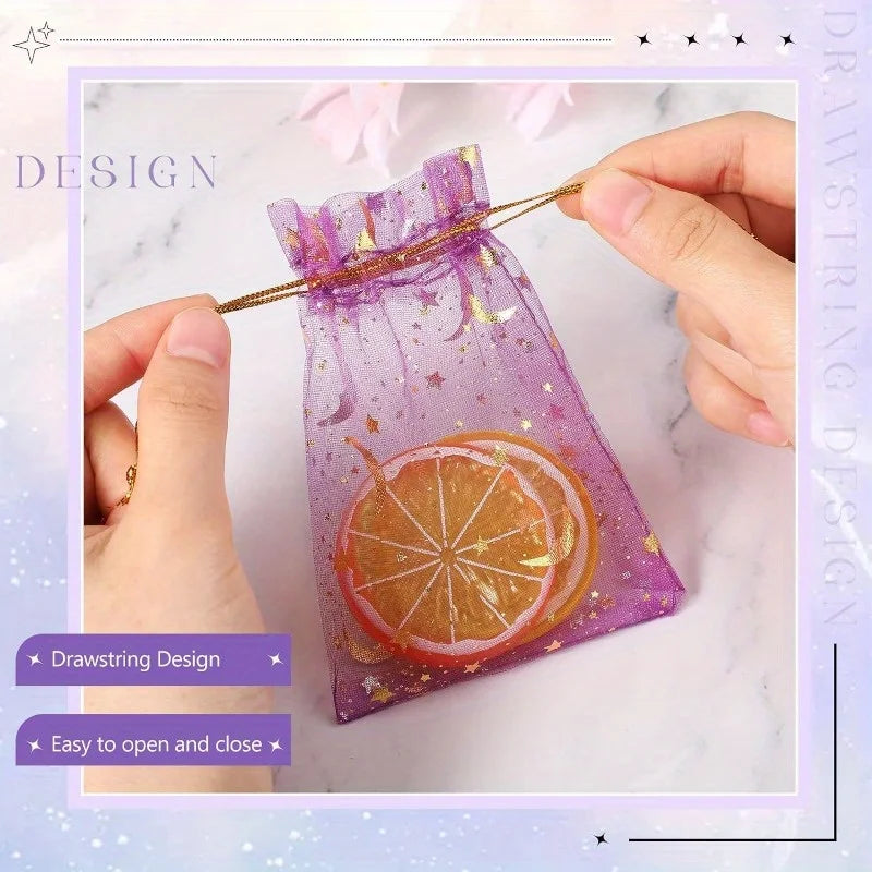 50PCS Moon Stars Drawstring Organza Bags Jewelry Gift Bags Pouches Gold Star Organza Favor Pouches for Christmas Wedding 