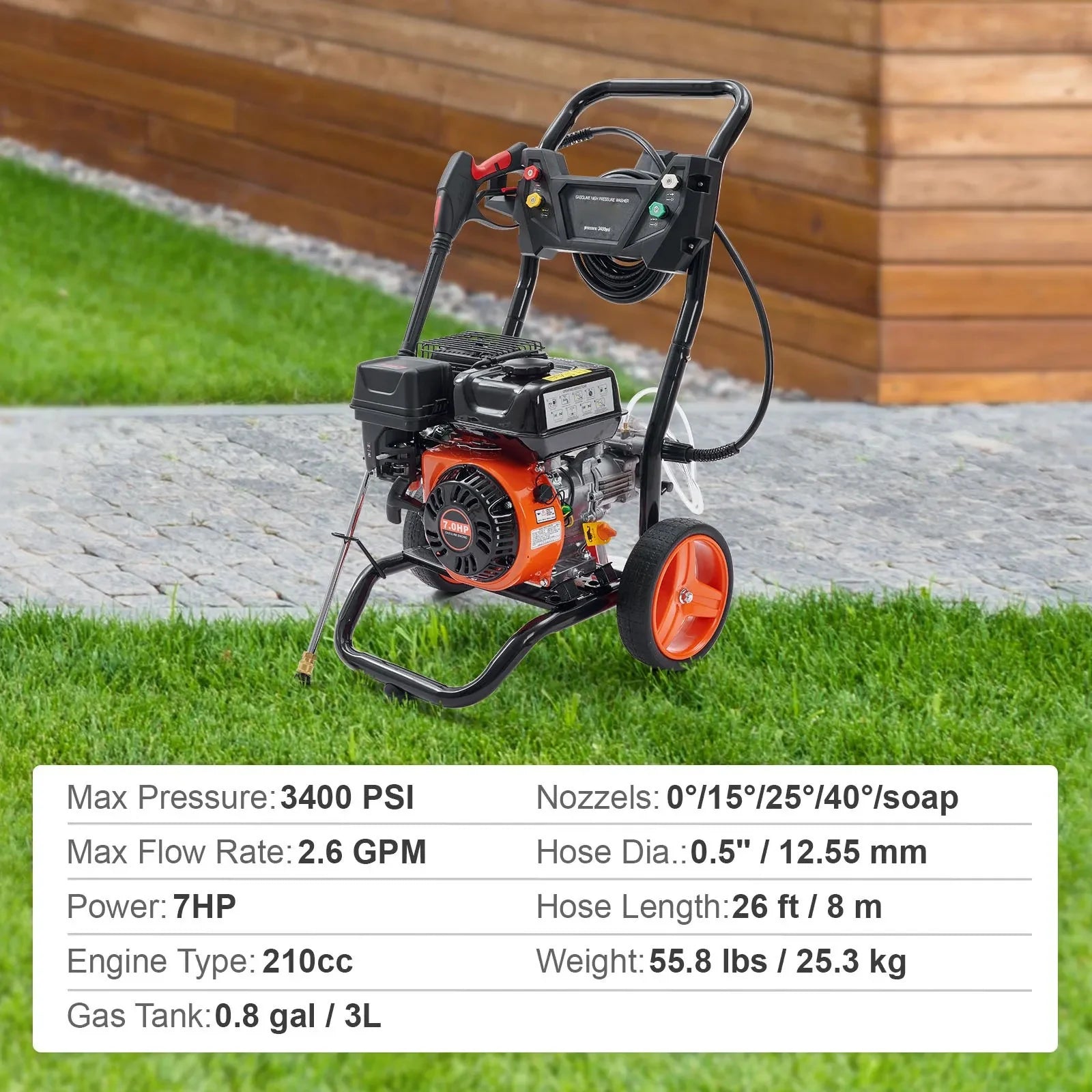Bensindriven högtryckstvätt 3400 PSI 2,6 GPM med 5 munstycken och 26 ft slang