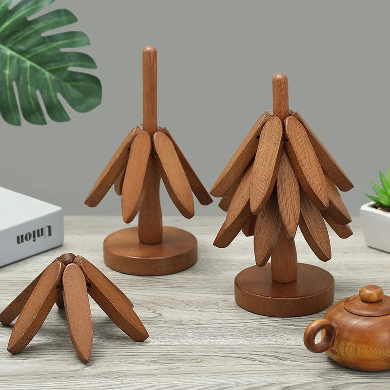 4PCS Bamboo Wooden Tree Design Stand Table Mat Coaster Wood Placemats Pot Trivets Decorative Anti Scald Heat Resistant 