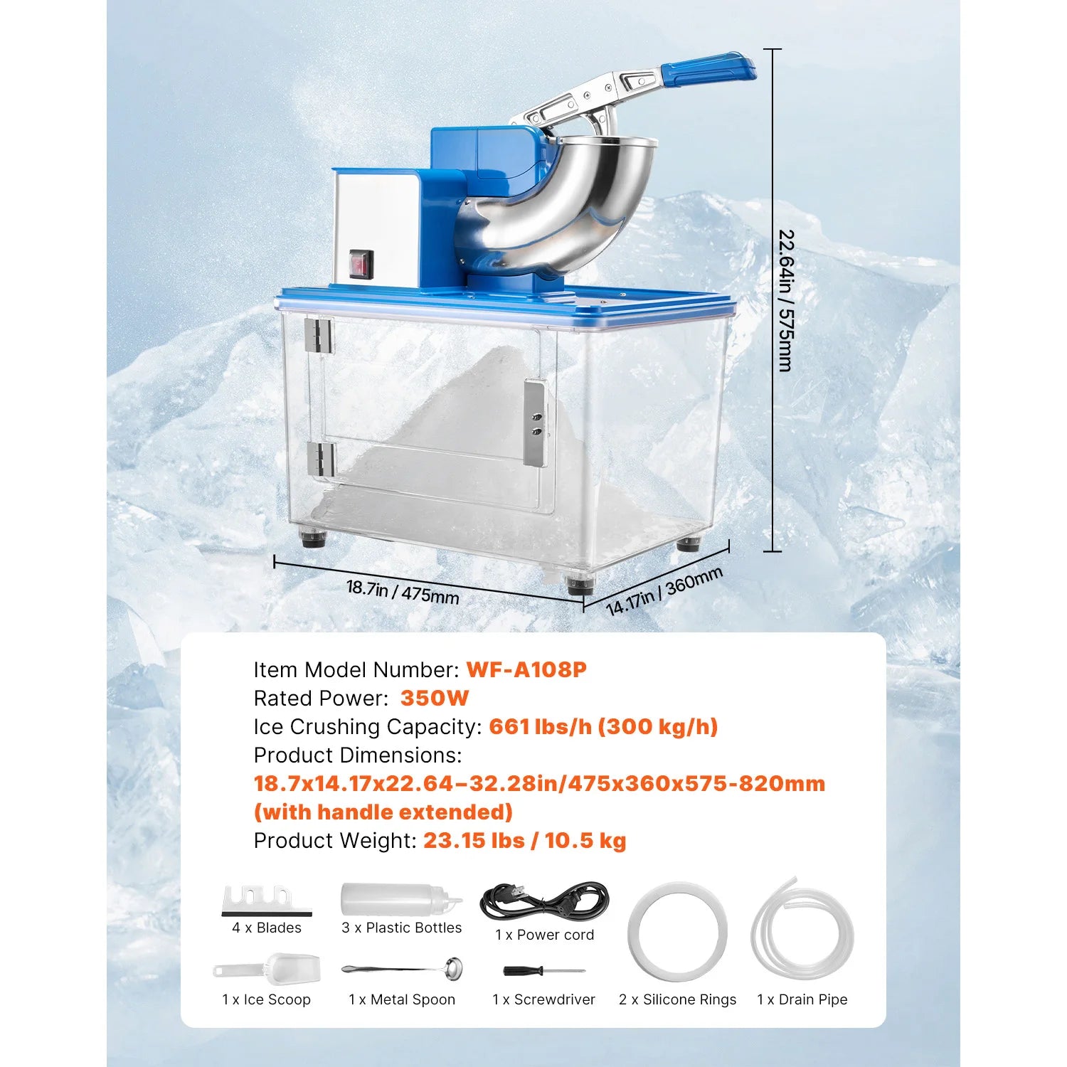 Kommmerciel isknuser 661 lbs/t Elektrisk snekonemaskine 350W
