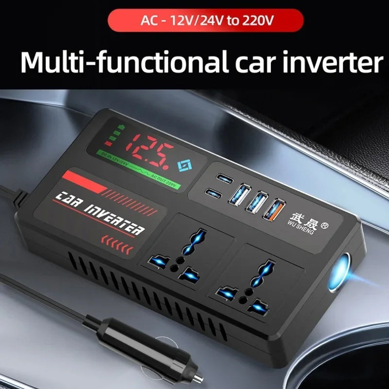 Portable Car Power Inverter 12V/24V to 110V/220V with 4 USB Ports