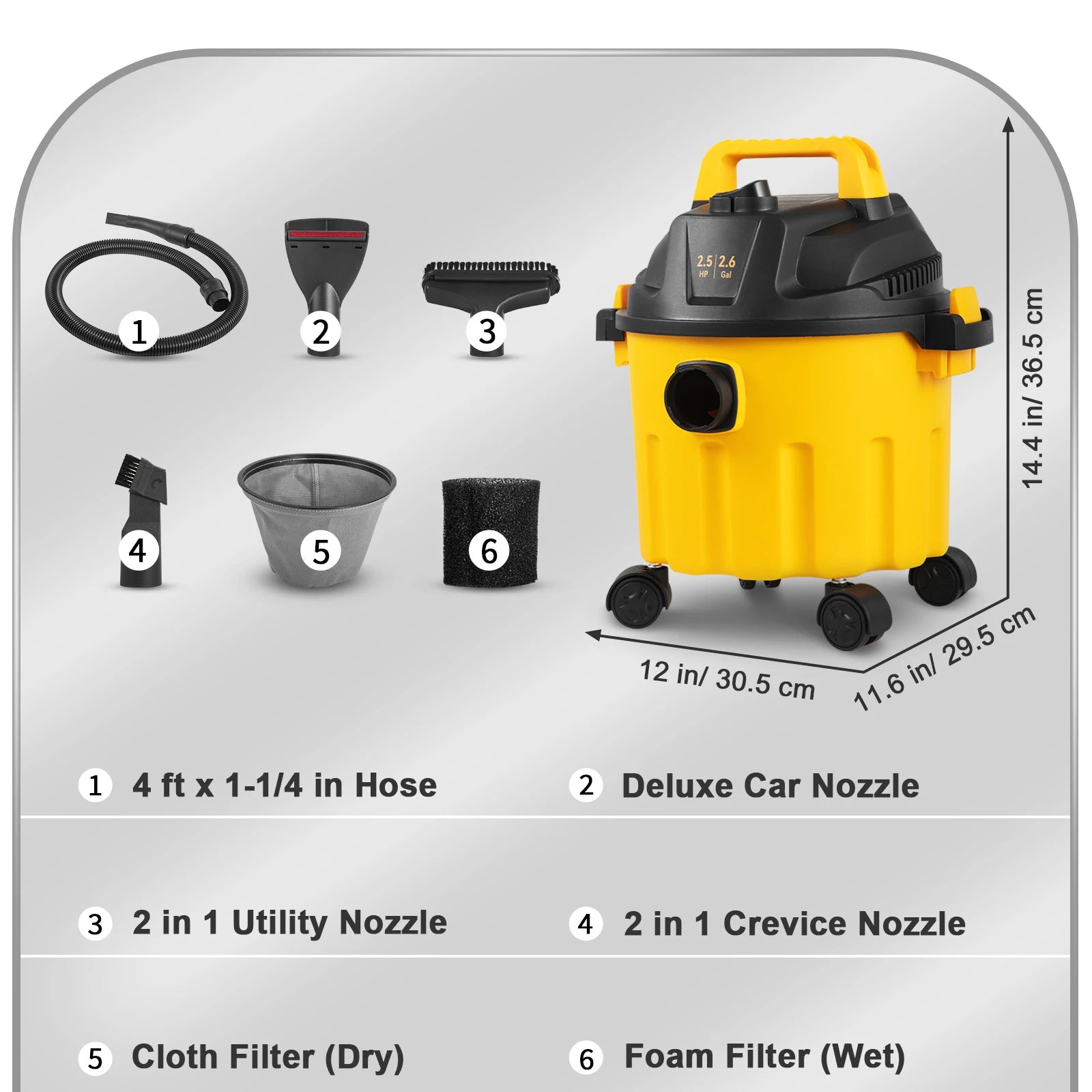 Wet Dry Shop Vacuum 2.6 Gallon 2.5HP Portable 3-in-1 Cleaner