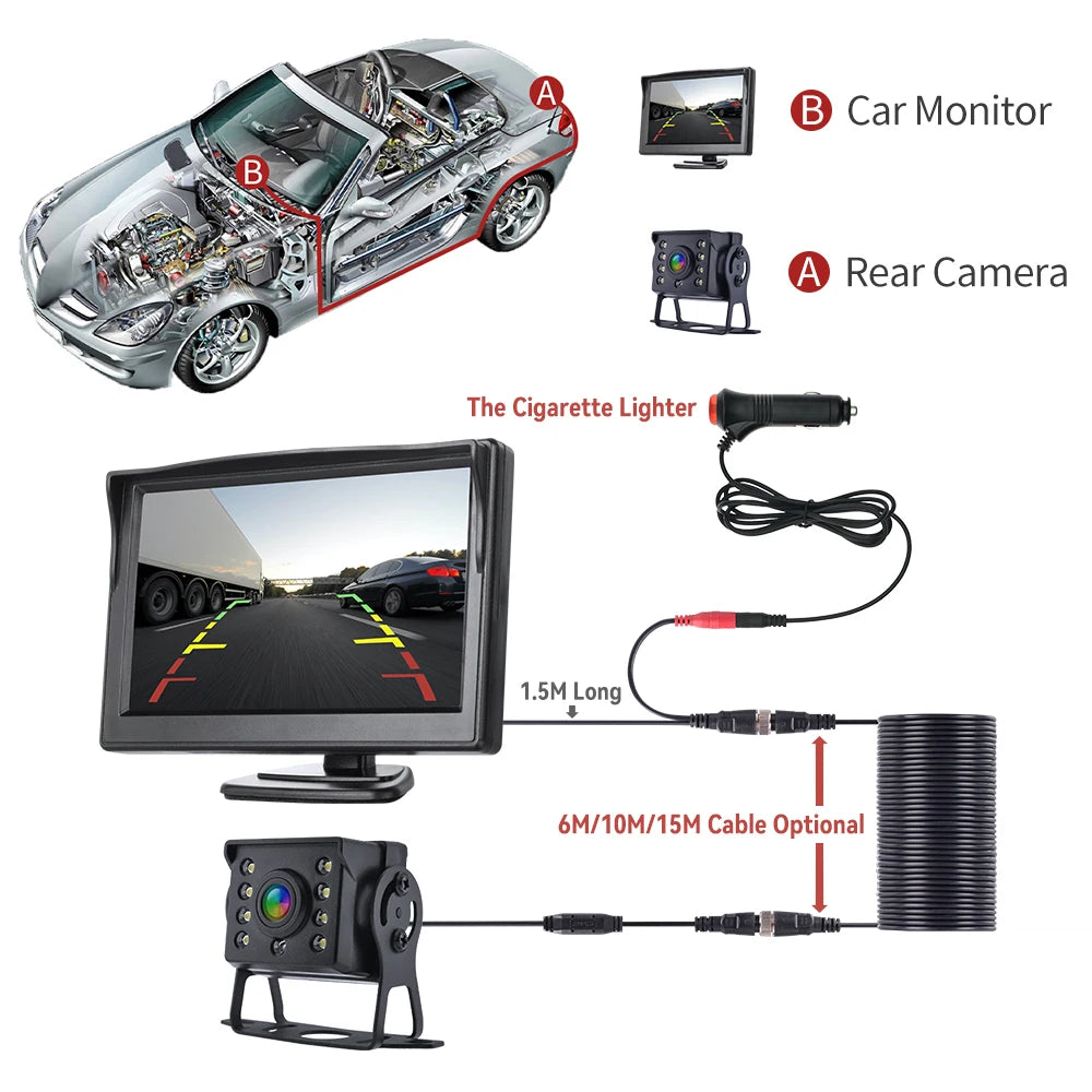 Câmara de Ré Universal com Monitor de 4,3, 5 ou 7 polegadas para Camioneta, Ecrã HD, LED, Visão Noturna, Impermeável para Estacionamento de Autocarros