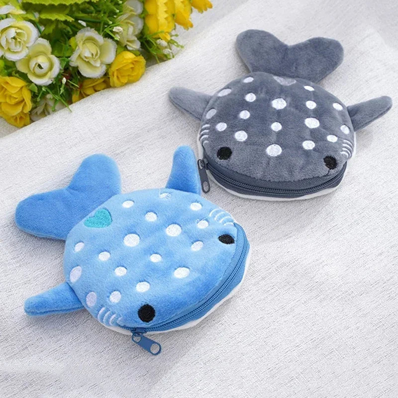 Fashion Cute Blue Shark Mini Whales Coin Purse Plush Zipper Coin Wallet Designer Women's Small Change Bag Key Earphone Pouch 