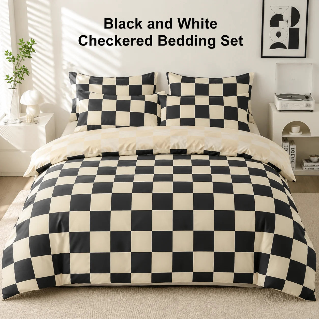Black and Beige Checkered Duvet Cover 3-Piece Set, Modern Checkered Bedding Set, Soft Bedspread with Pillowcases, Available for Single, Double, King, and Queen Beds