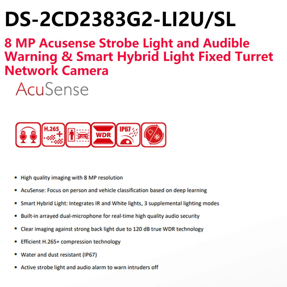 Hikvision 8MP IP Camera DS-2CD2383G2-LI2U/SL Smart Hybrid Light Arrayed Mic Speaker Turret Acusense Strobe Light Audible Warning 