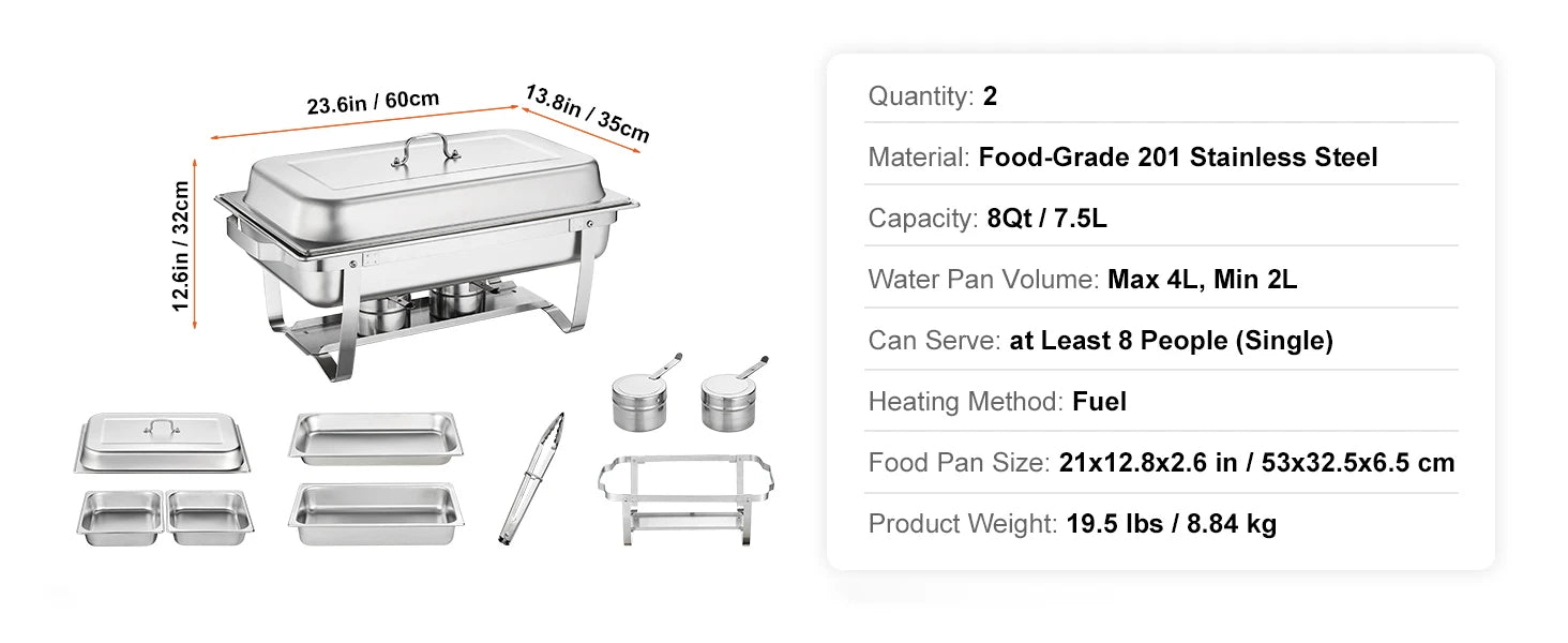 8QT Chafing Dish Buffet Set with Full Pans & Fuel Holders