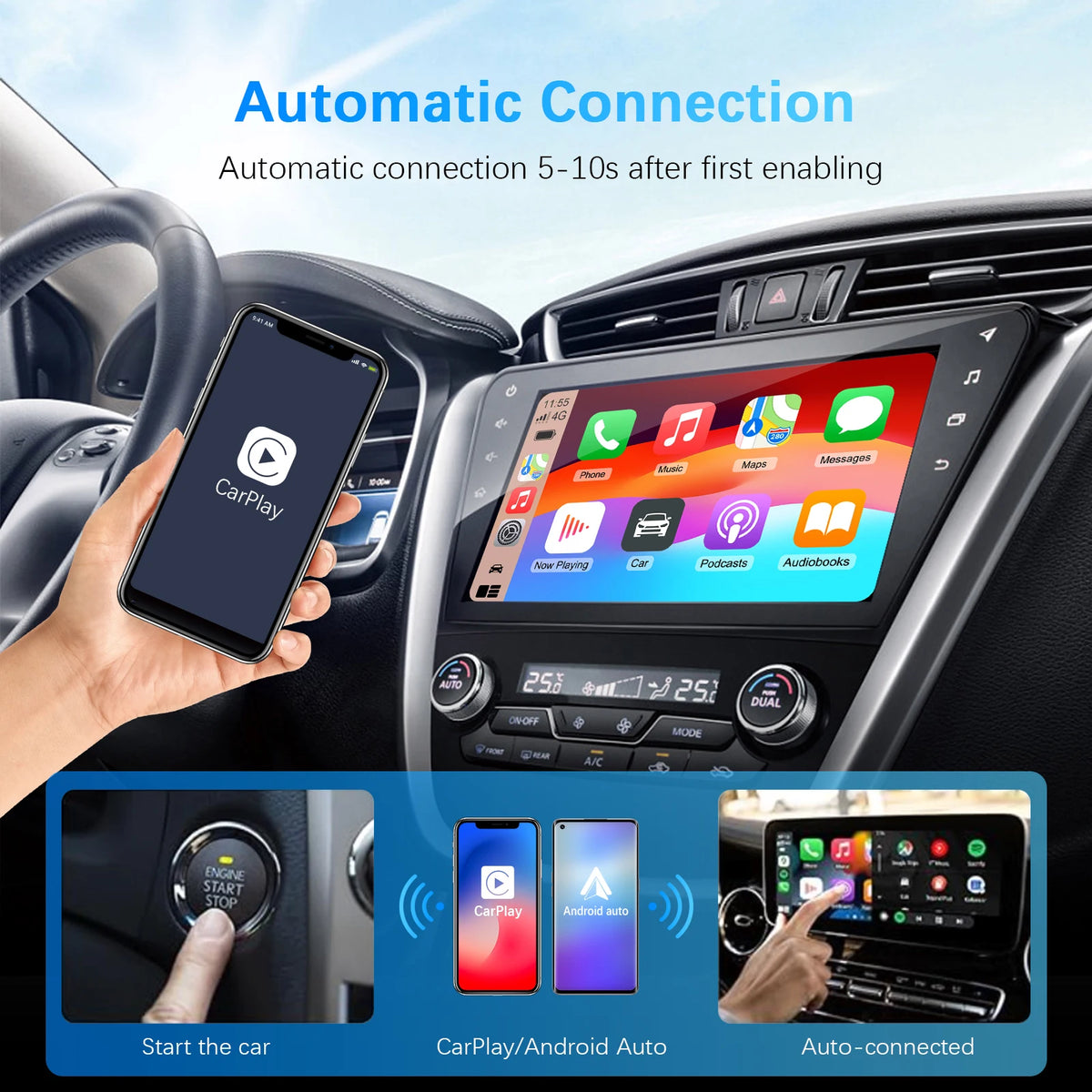 Ezonetronics bezdrátový CarPlay Android Auto adaptér pro tovární kabeláž vozu, 2 v 1 CarPlay a Android Auto