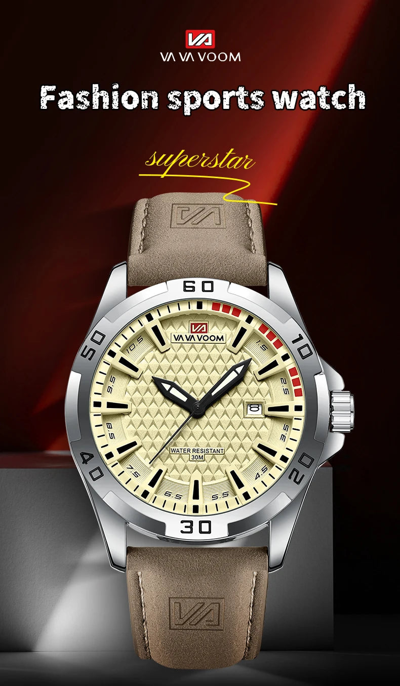 VA VA VOOM Men Casual Sport Military Quartz Calendar Wrist Watch for Man Business Leather Waterproof Male Clock Relogio Masculin 