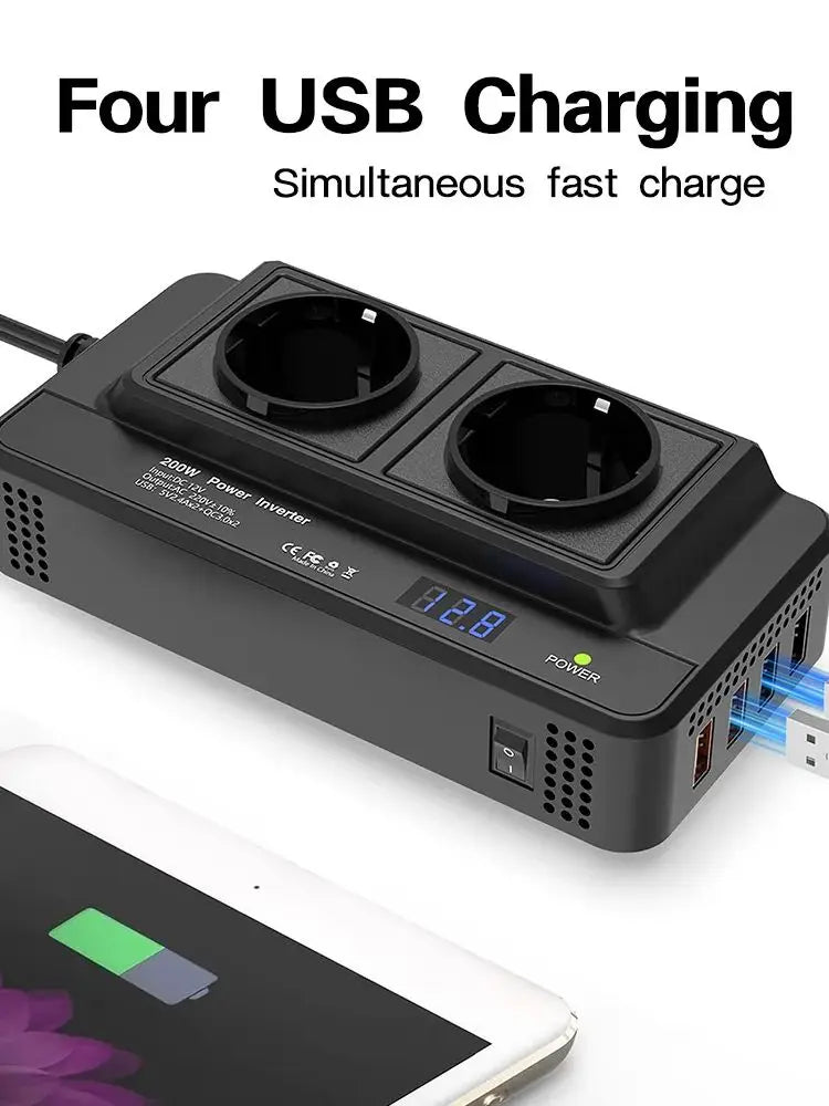 Inversor veicular de 200W, converte 12V DC em 220V AC, com duas tomadas de energia e quatro portas USB QC3.0 de 35W.