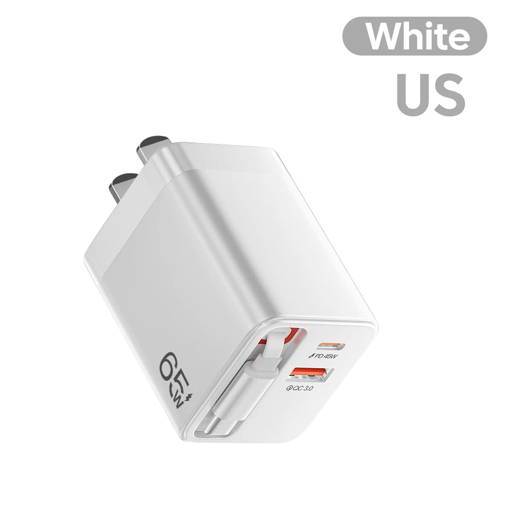 USB Wall Charger with Retractable USB-C Cable