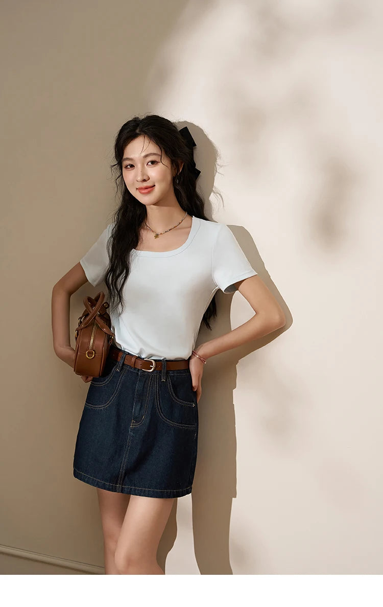 T-shirt da donna in misto cotone con scollo quadrato – Top elegante a maniche corte