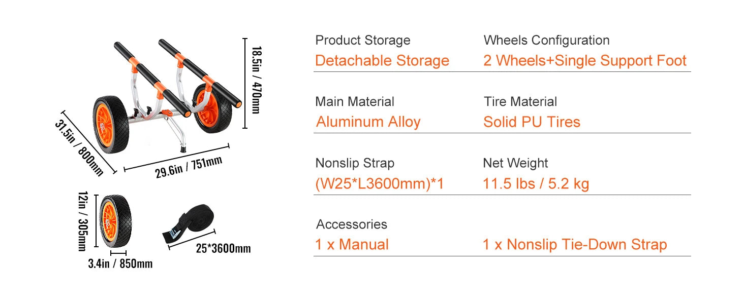 450lbs Kayak Cart with 12'' Solid Tires & Adjustable Width