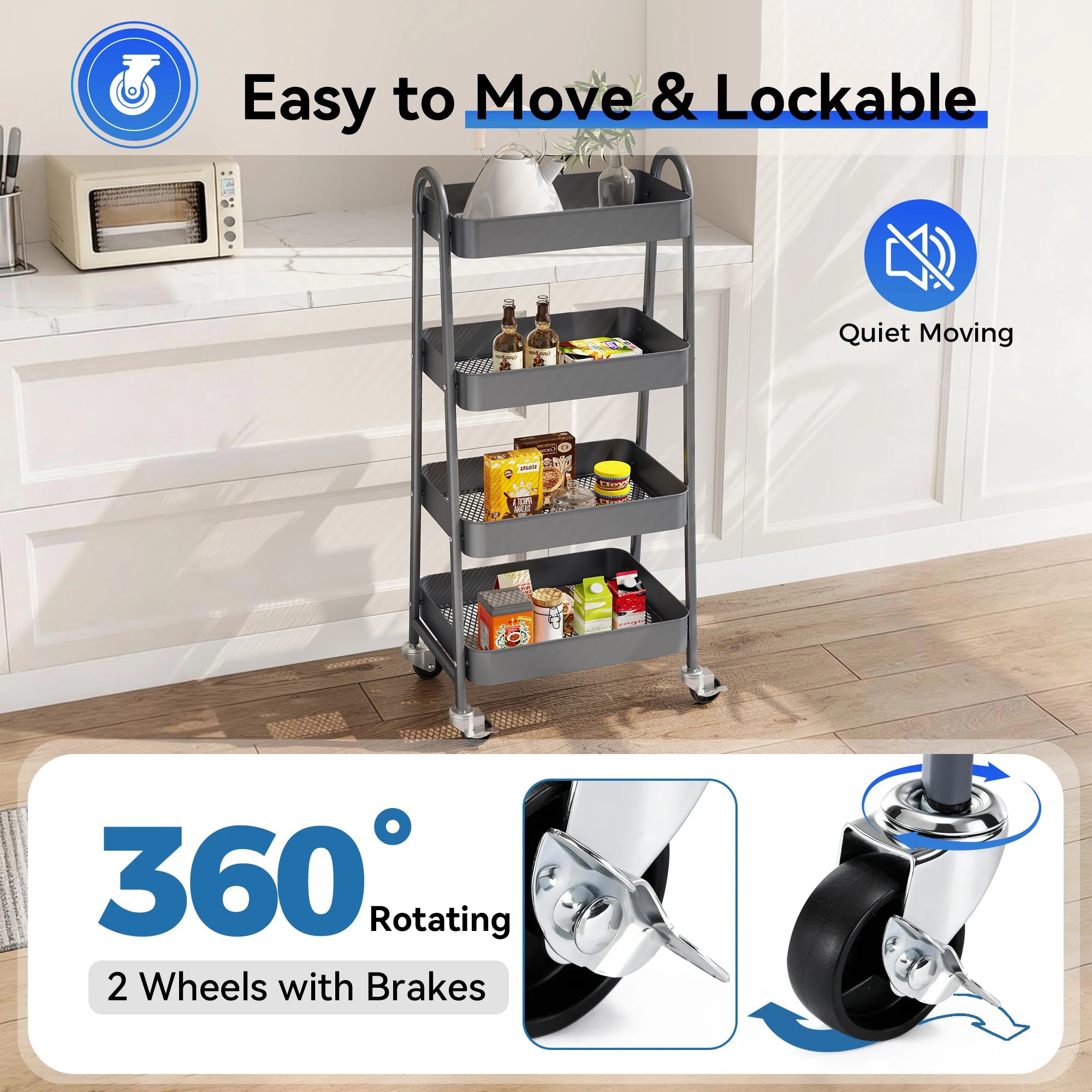 4-Tier Rolling Storage Cart with Lockable Wheels for Narrow Spaces