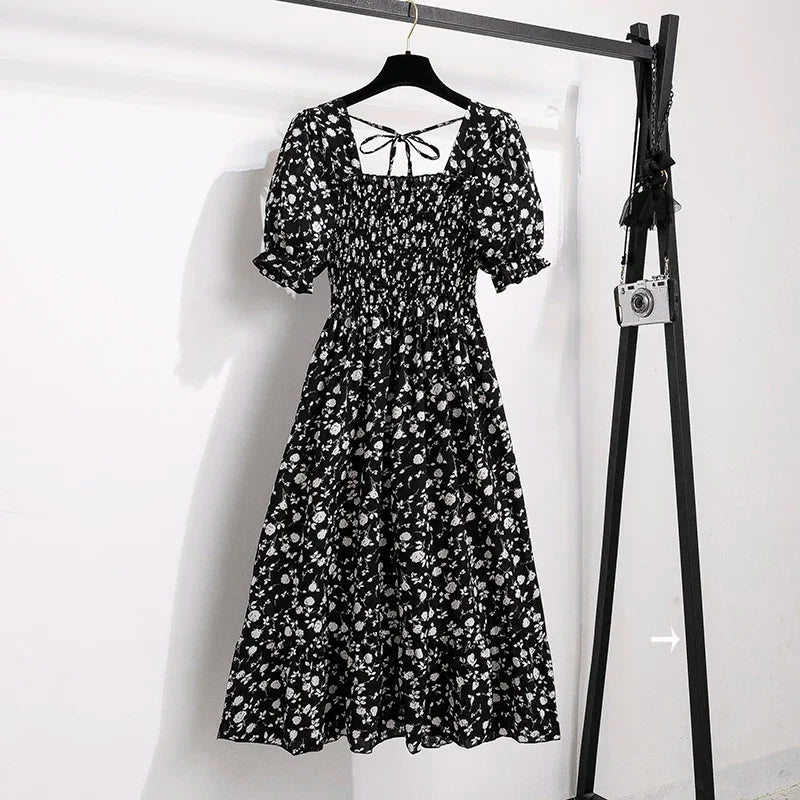Spring Summer Chiffon Dresses Fashion Female Elastic Waist Short Sleeve Pleated Casual Dress Women A-line Dresses Vestidos 