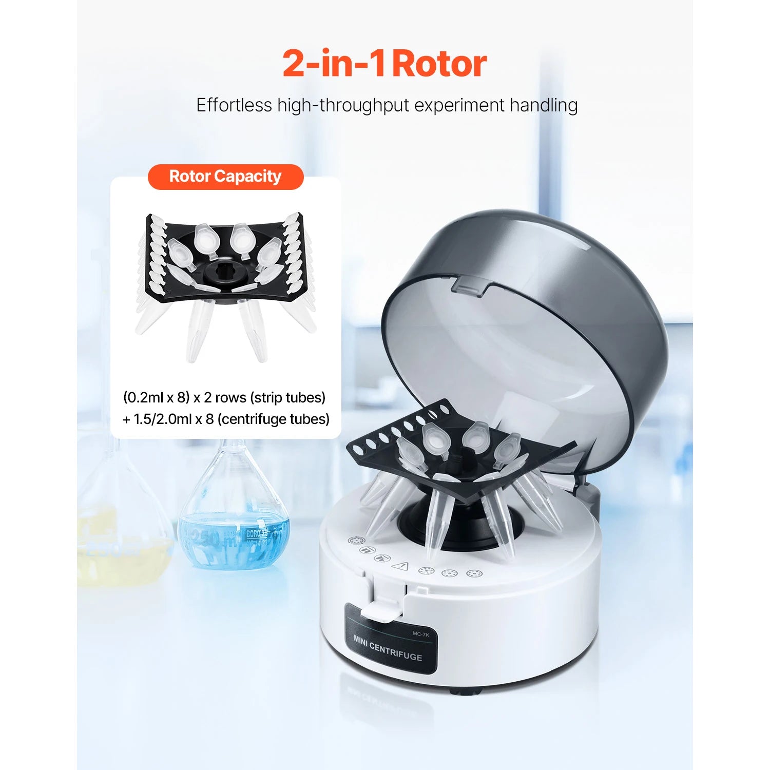 Mini centrifuge 7000 tr/min 3013xg avec rotor 2-en-1 pour tubes de laboratoire