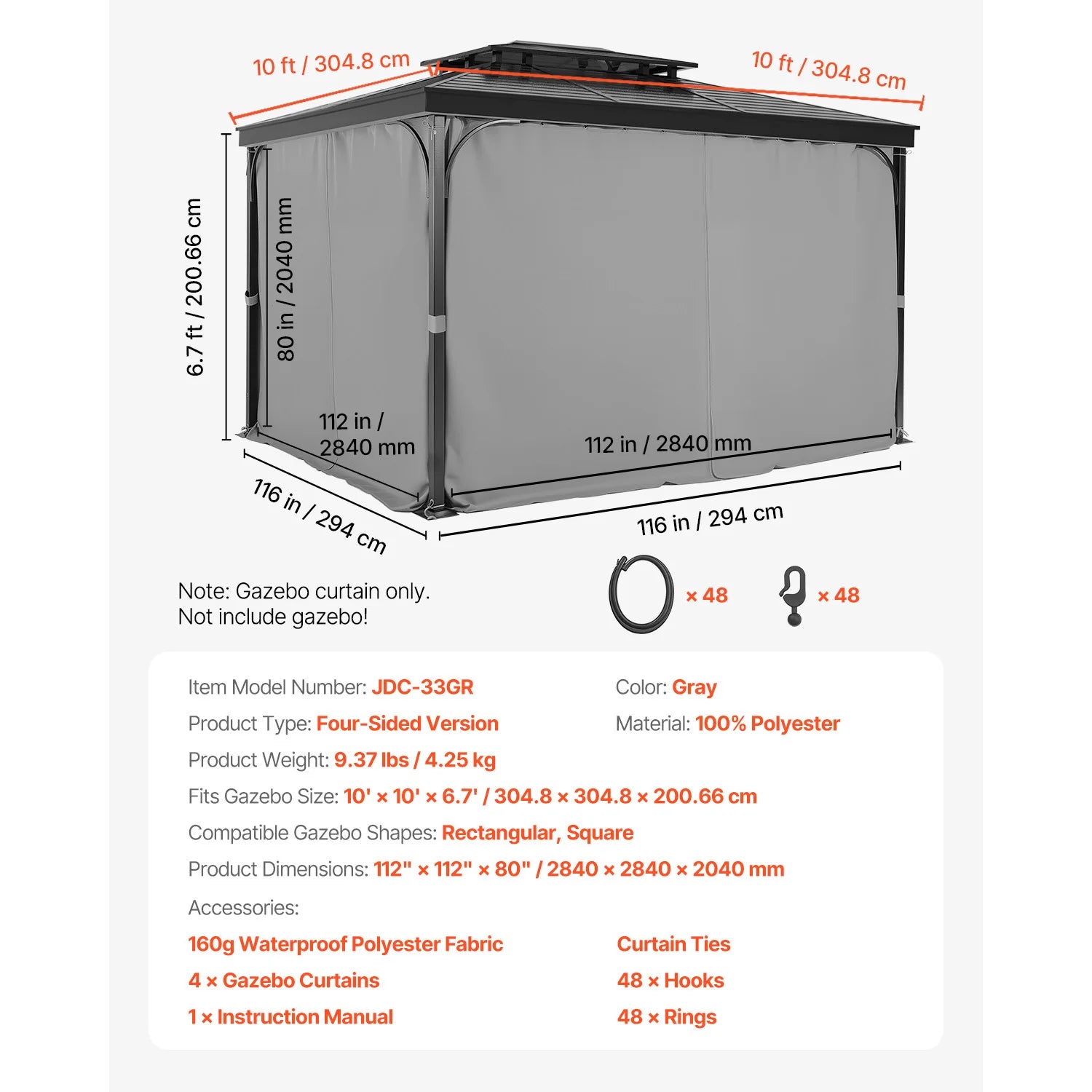 SucceBuy Gazebo Gardiner 4-panel sidevæg gazebo privatlivsgardiner med lynlåse universel solskærm gardiner erstatning til terrasse