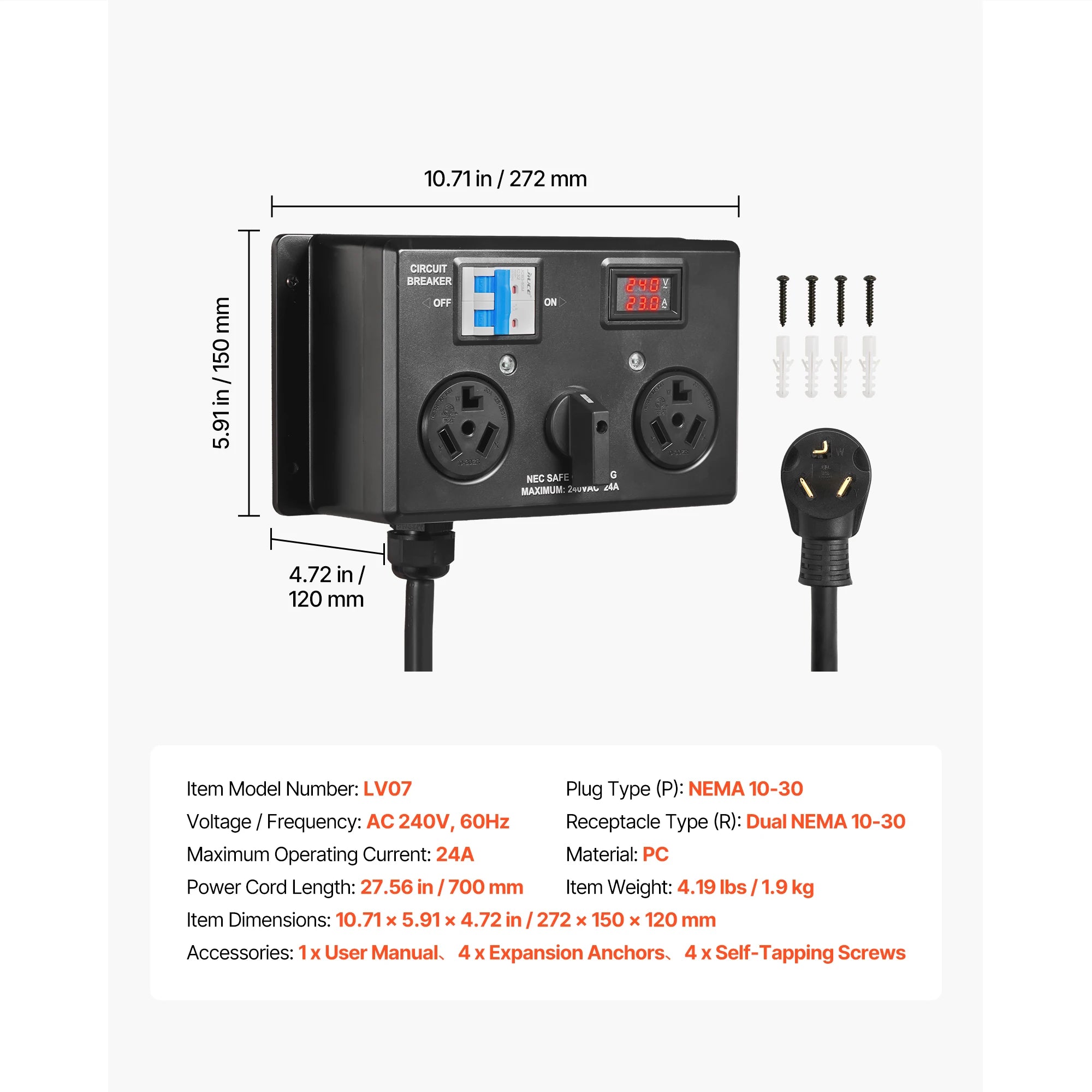 Manueller EV-Ladesteckdosen-Splitter 240V 24A für Trockner & Elektrofahrzeug