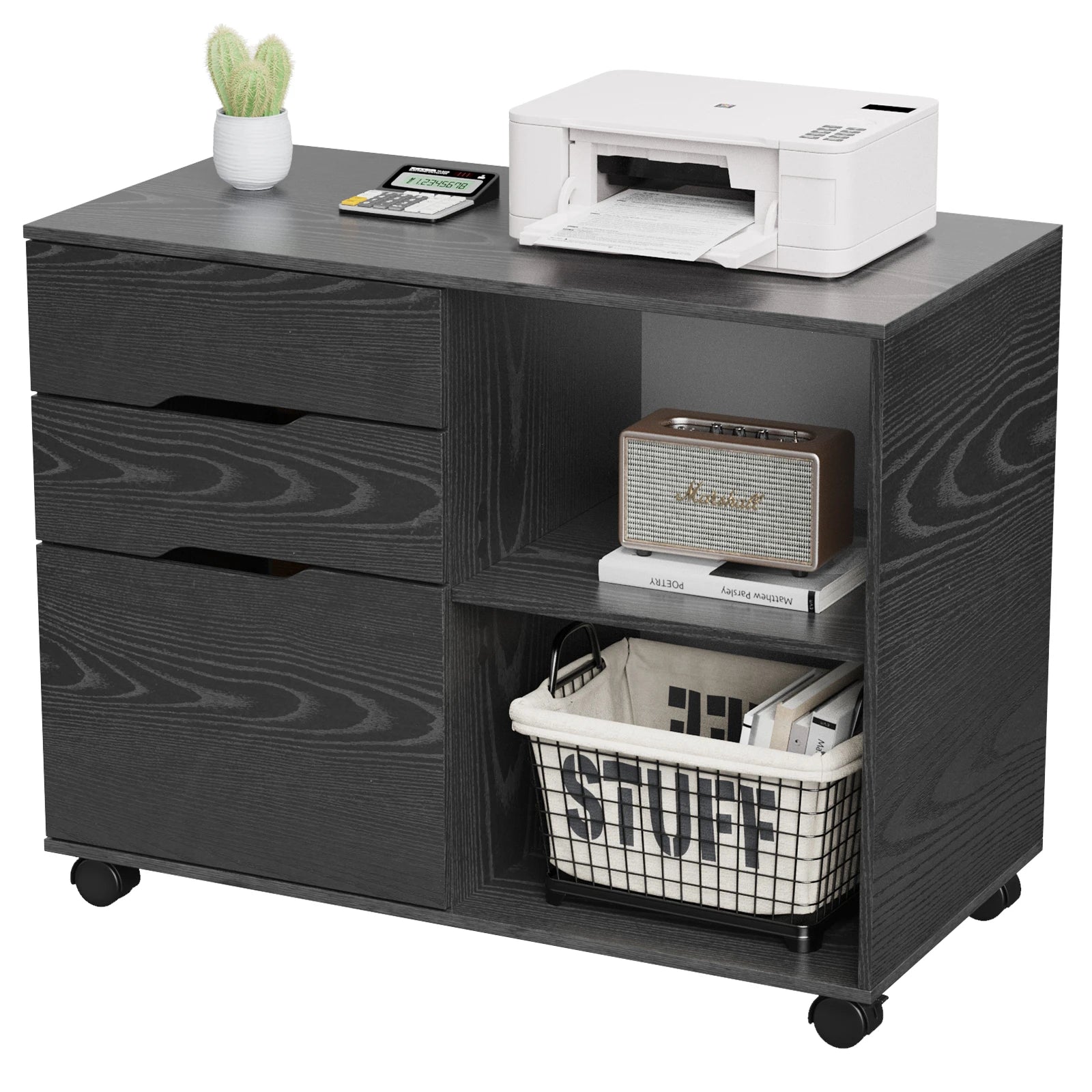 Corner Storage Cabinet with Drawers & Wheels Wood Organizer Table