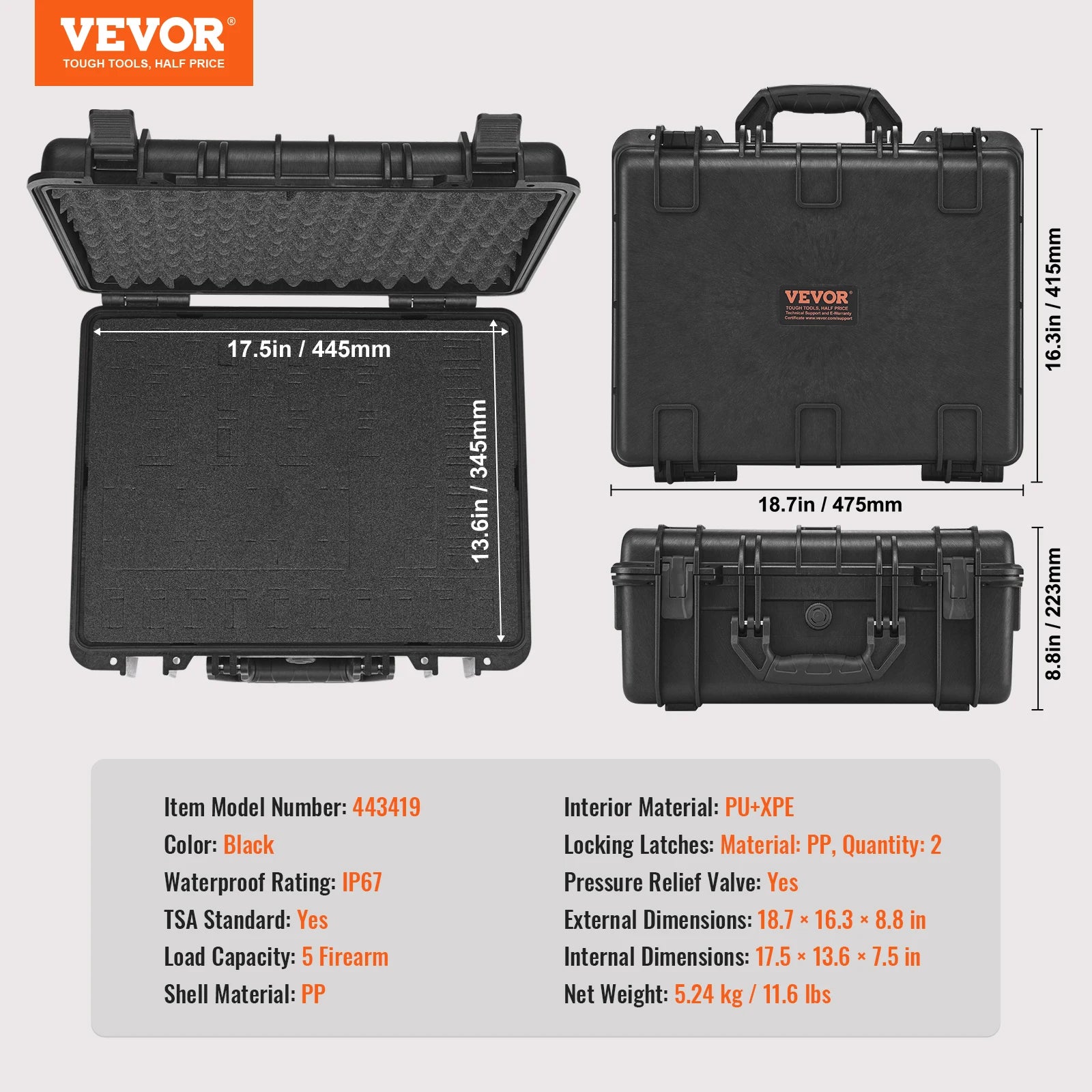 Hard Pistol Case with Pre-Cut Foam IP67 Waterproof TSA Lockable