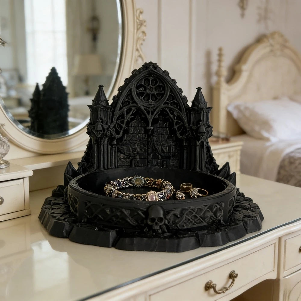 3D Printed Gothic Castle Jewellery Tray in Black or Grey