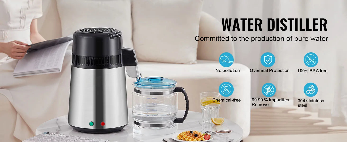 4L Water Distiller 750W Countertop Pure Water Filter System