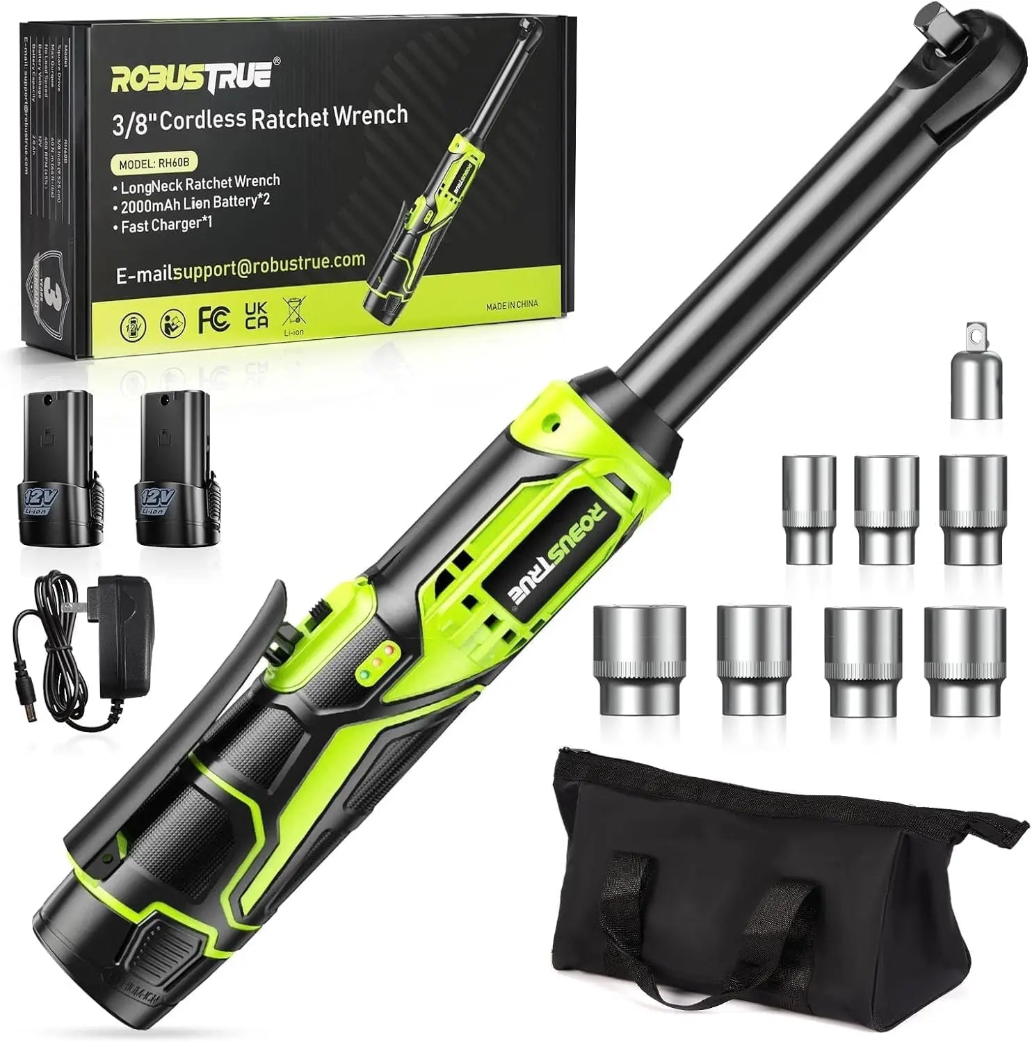 3/8 Cordless Ratchet Wrench Kit, 6-Inch Extended, 40 Ft-lbs, 400 RPM, 2.0Ah Battery