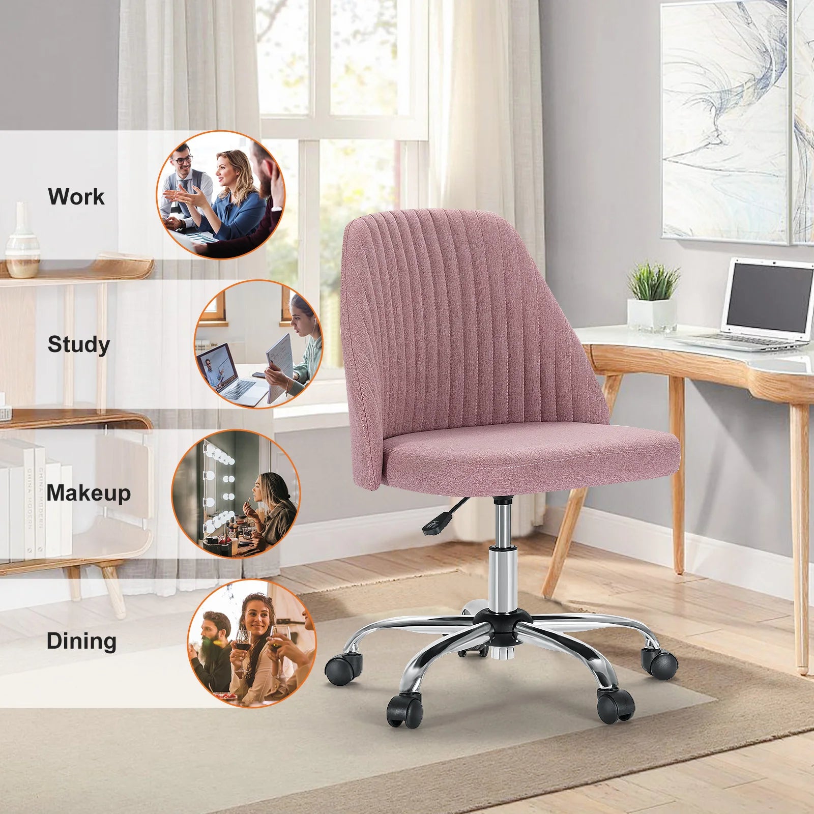Armless Adjustable Swivel Desk Chair with Wheels and Back Support