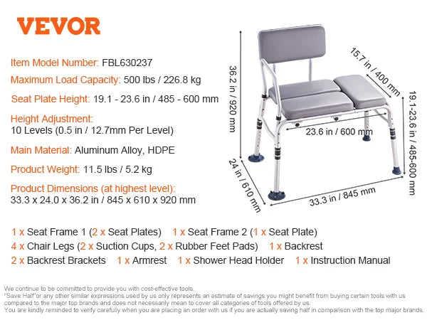 Tub Transfer Bench with Backrest & Armrest, Adjustable Non-Slip Shower Seat
