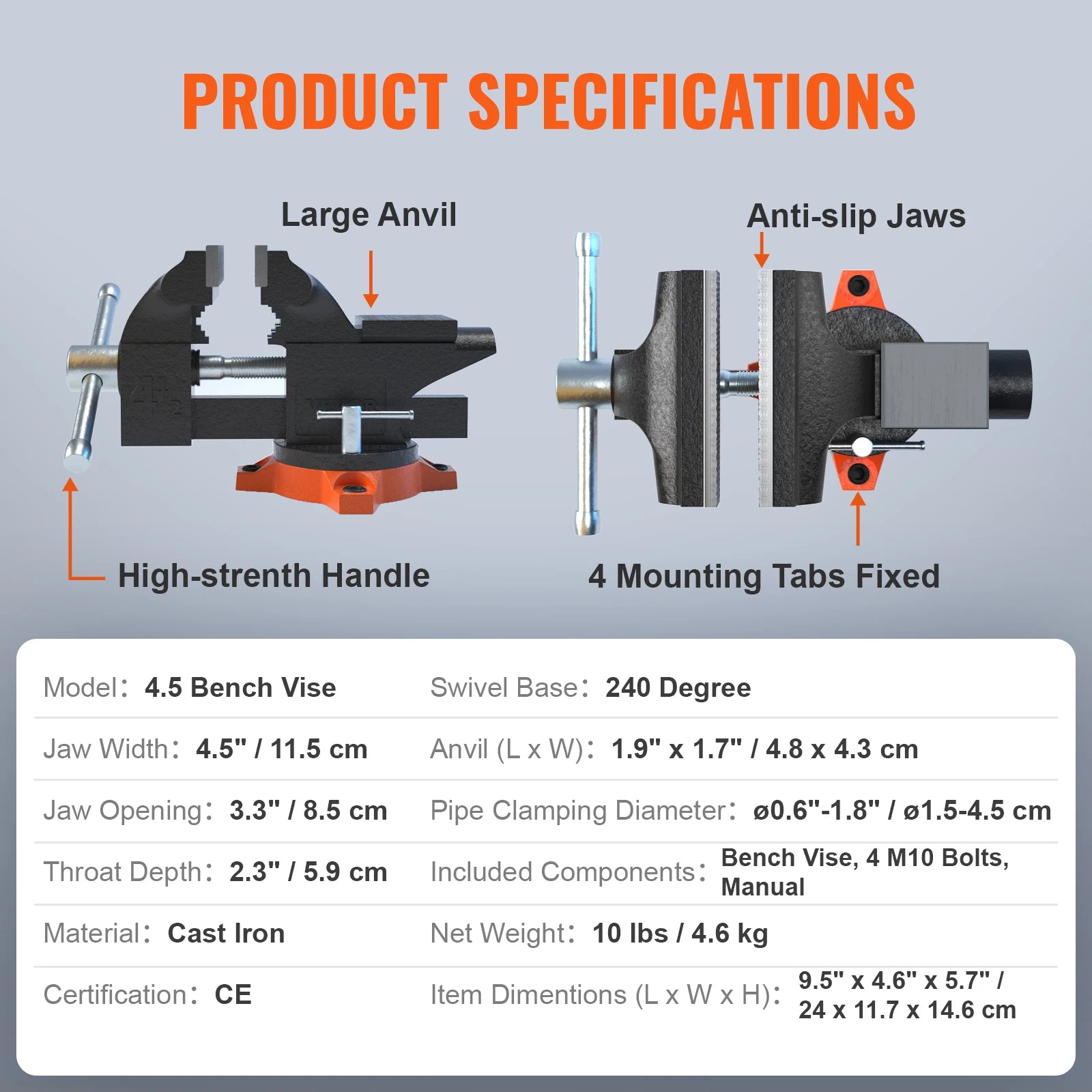 SucceBuy Bench Vise 4.5" 6" 6.5" Multipurpose, Swivel Base & Anvil Heavy Duty Cast Iron for Drilling, Conduit Cutting, Sanding