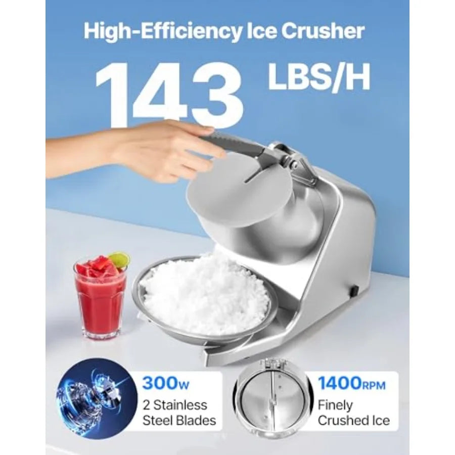 Electric Ice Crusher Machine 143lbs/hr Snow Cone Maker with Bowl