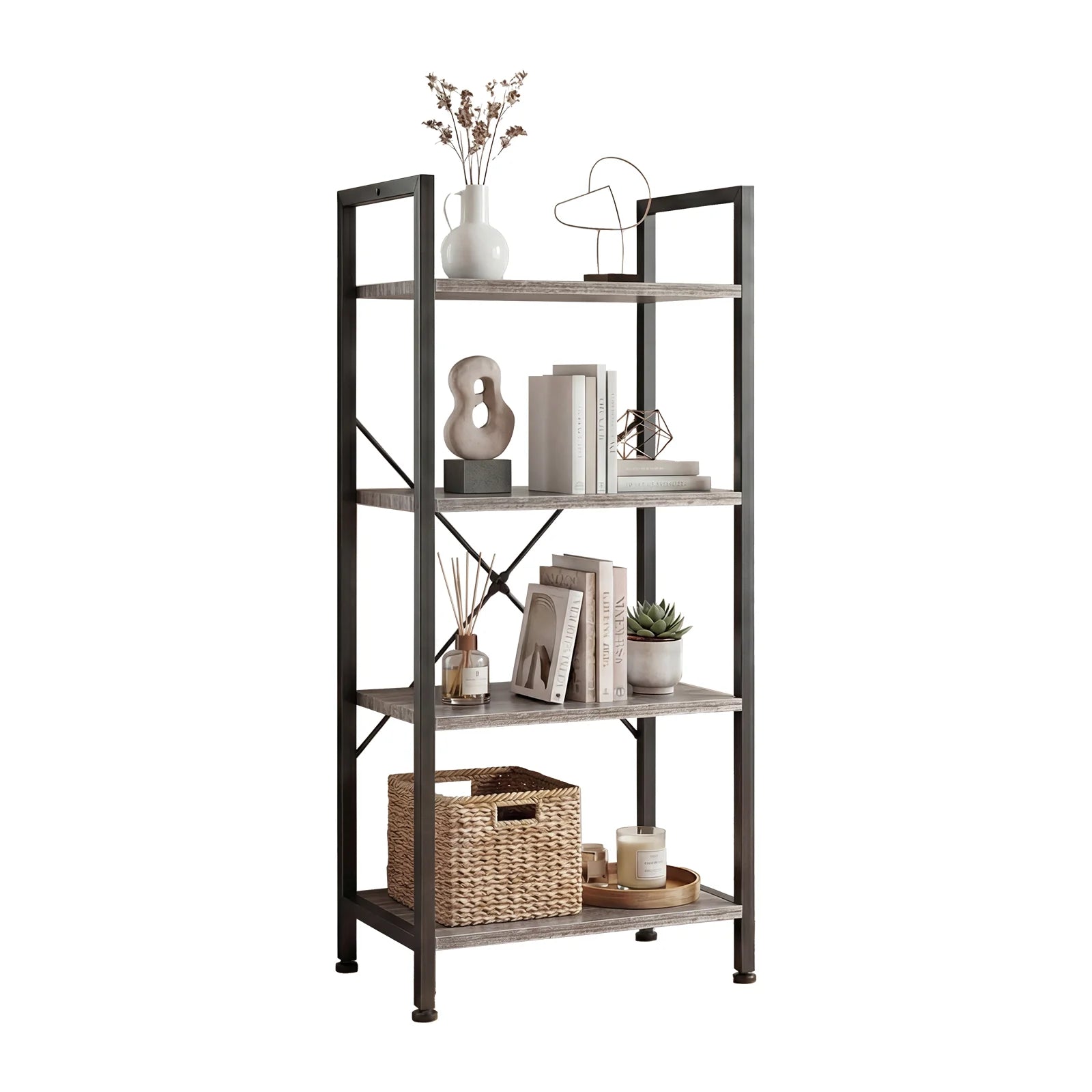 4 Tier Wooden Display Bookshelf with Metal Frame Storage Shelf