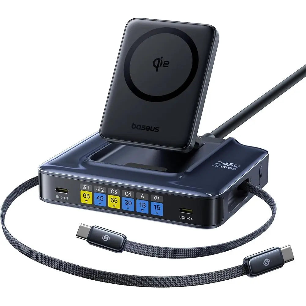 Station de charge USB-C 6-en-1 245W avec câbles rétractables et Qi2