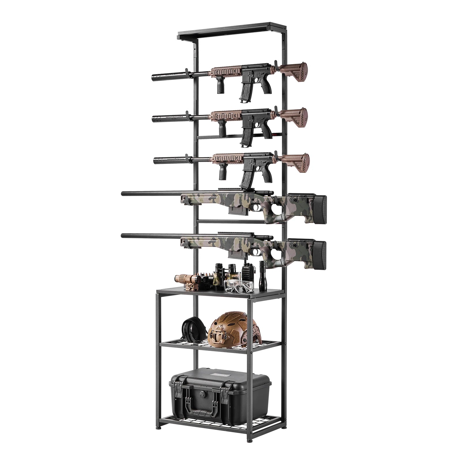 Supporto per fucili Gun Rack da terra, da interno, porta fucili a ripiani con spazio di stoccaggio per espositore a parete, supporto per garage