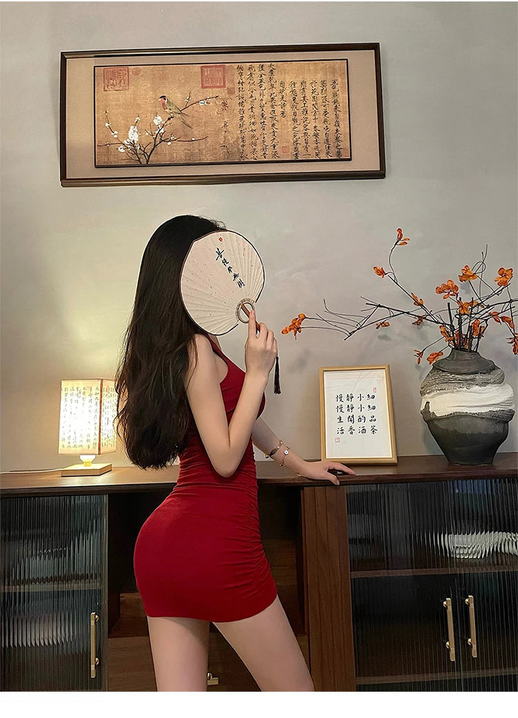 Summer Sexy High Neck Tight Dress Oversleeve Pleated Bottom Wrapped Hip Dress Women Bodycon 