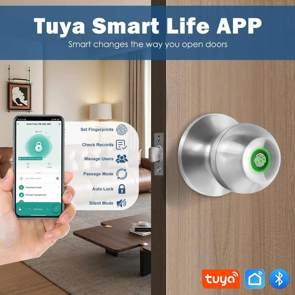 Smart Fingerprint Door Lock Knob with App Control, Password, Key Unlock and Auto Lock