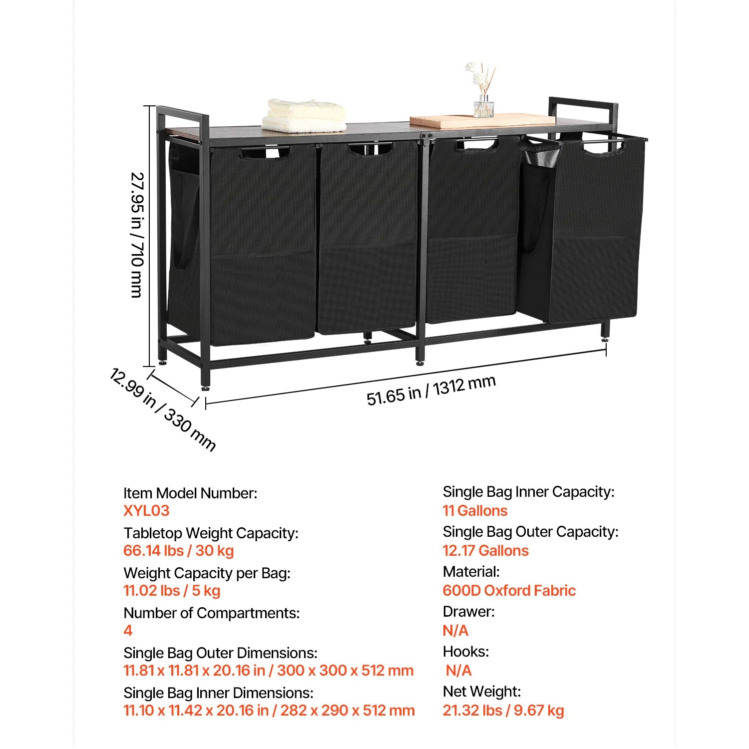 Large Laundry Sorter with Metal Frame & Pull-Out Bags